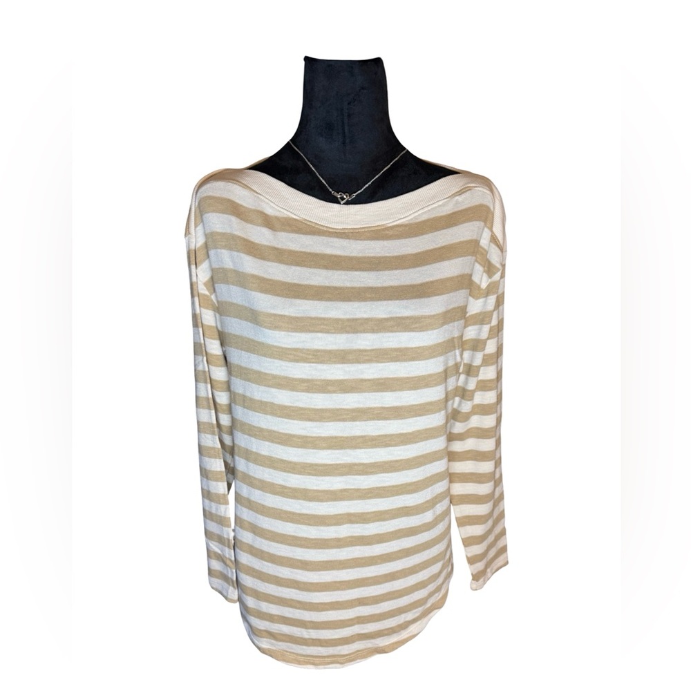 LOFT Beige & White Striped Boatneck Sweater Size L - Casual Cozy Knit Top